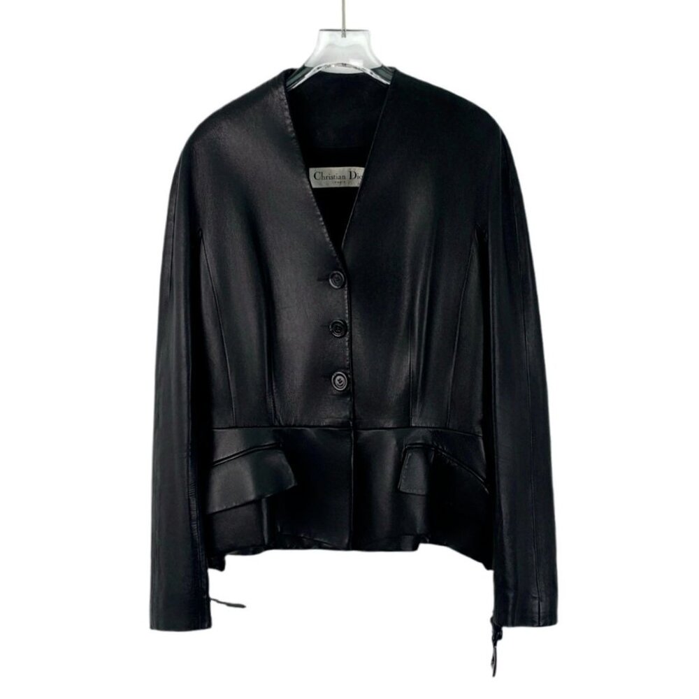 Christian Dior Black Lambskin Single-Breasted Long-Sleeve Belted Jacket Coat Siz